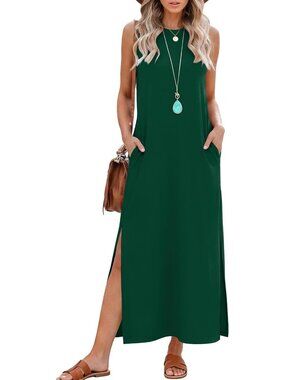 Women's Green Summer Maxi Long Dress Sleeveless Side Slit Casual With Pockets